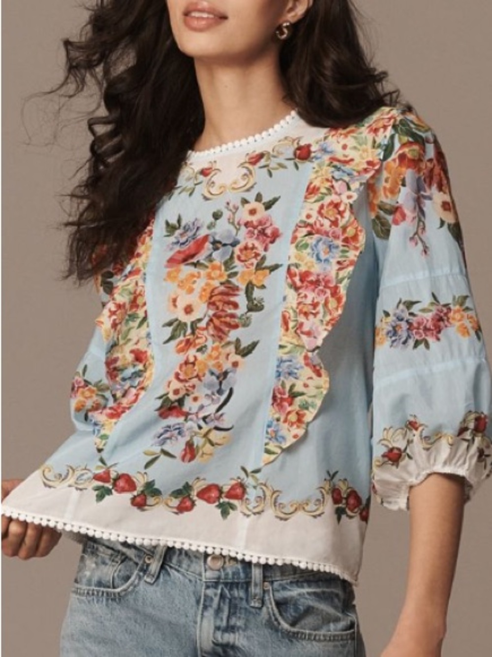 🟤NWT FARM RIO x ANTHROPOLOGIE Bubble Sleeve Top in Garden Terrace Print LARGE - Picture 2 of 5